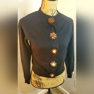 Embellished Black Sweater with Floral Accents